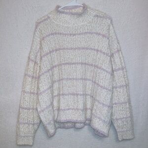 Ophelia Roe Fuzzy Eyelash Knit Cream Purple Glitter Stripe Mock Neck Sweater 1X